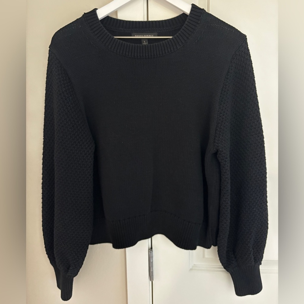 Banana Republic Cotton-Blend Cable Balloon Sleeve Crewneck Sweater Black, Large